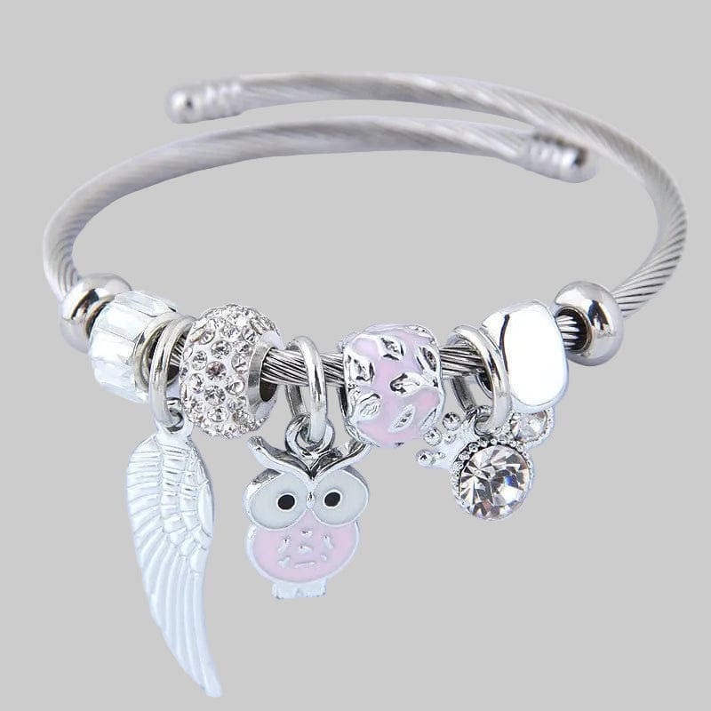 Beaded Owl Bracelet with Angel Wings - Stainless Steel Charm Bracelet